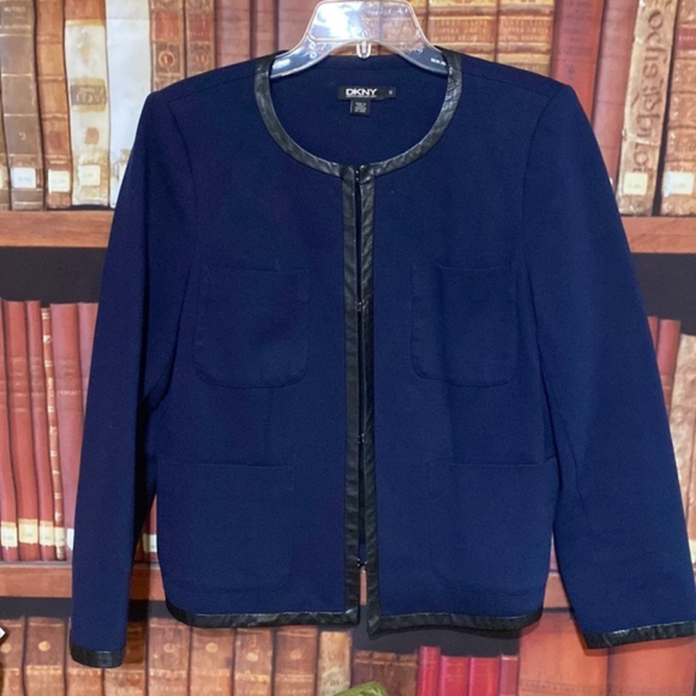 DKNY Navy Blue Lambskin Leather Trim Collarless Blazer Jacket 12